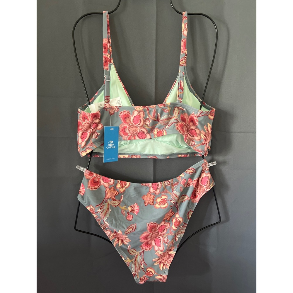 Cupshe Floral Paisley Twist Front V-Neck Bikini Set Blue Pink L - Picture 2 of 4